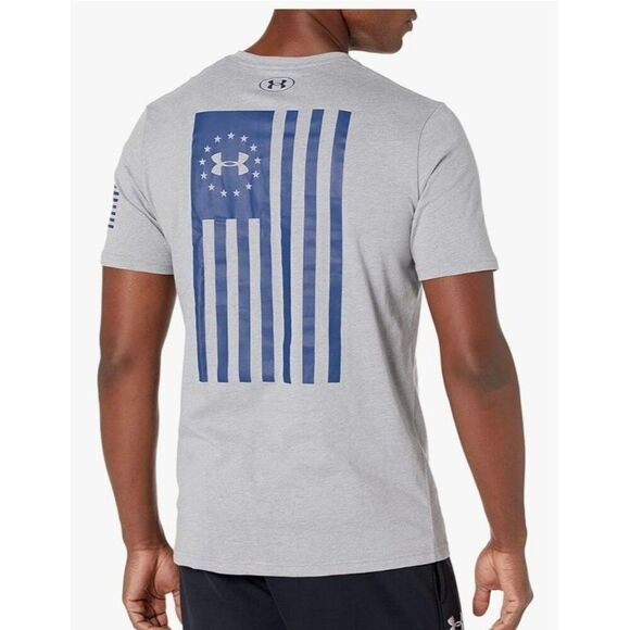 Under Armour Freedom Flag T-Shirt LG Gray Blue Heatgear Sporty Patriotic Logo - Picture 3 of 8